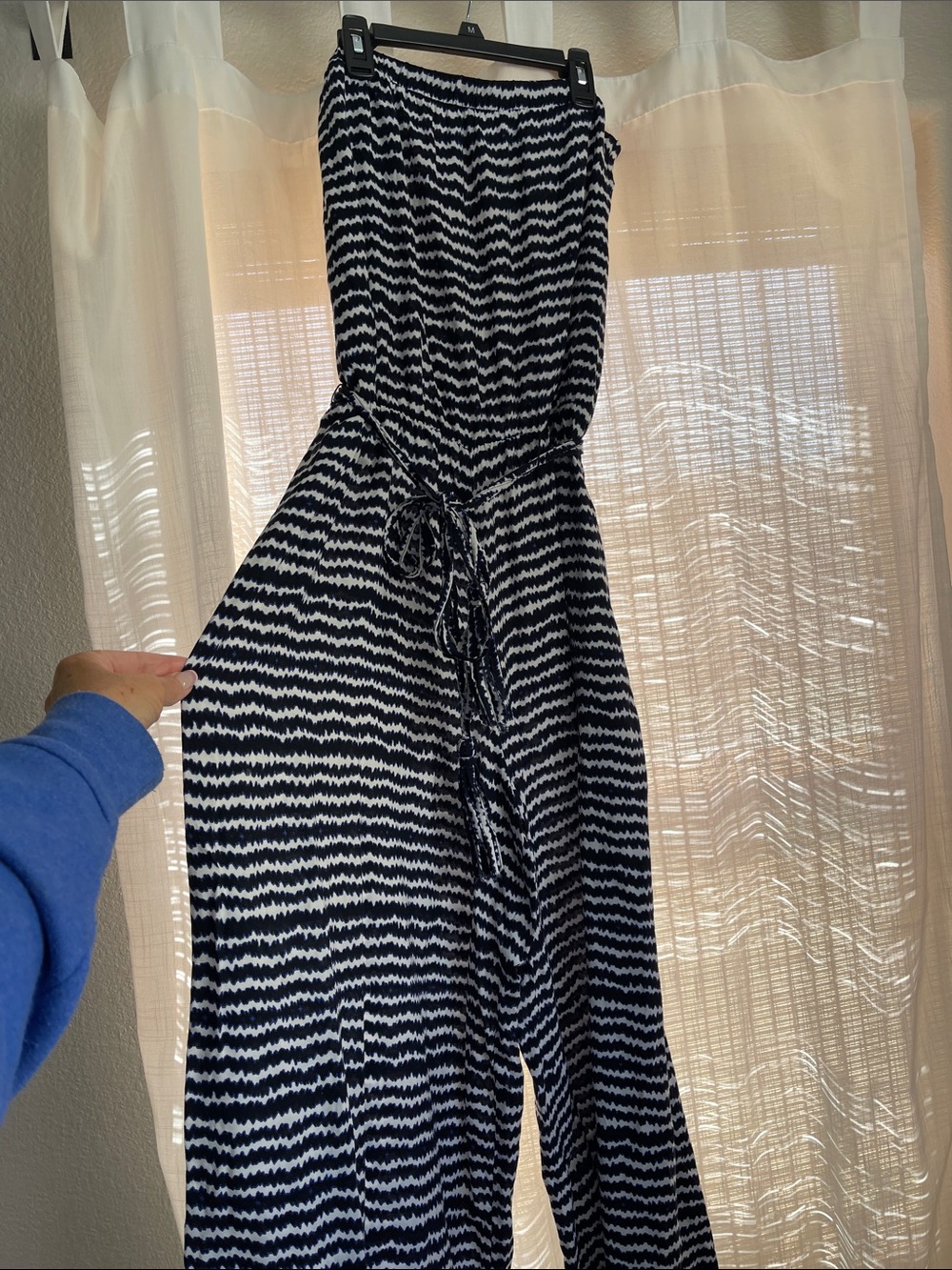 J.B.S. Black and White Striped Strapless Jumpsuit with Drawstring